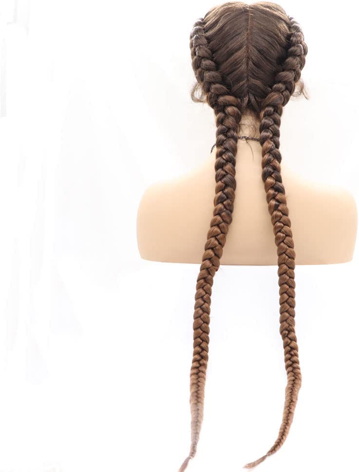 Xiweiya 32" Braided Copper Brown Lace Braid Wig 2 Double Twist Braided Add Human hand Crochet Golden Brown Lightweight Synthetic Hair Wig Natural Hairline for Black Women - Image 4