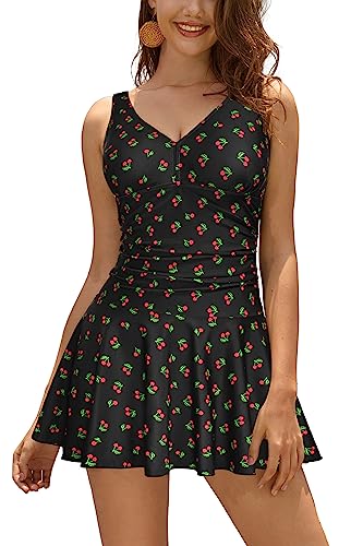 SHEKINI Mujeres flejado Cruz Top Acolchado de Dos Piezas Bikini Raya impresión Inferior Playa Trajes de baño, Negro-Cereza, L
