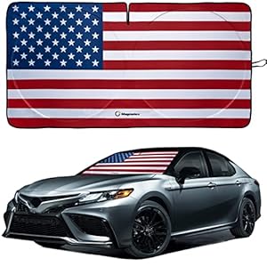 American Flag Windshield Sun Shade, High-Resolution Car Sun Shield with Mirror Cut-Out for Automotive Interior Sun Protection Heat Reduction, Folding Car Sunshade with Storage Bag – Large, Original