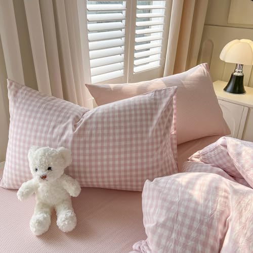 Image of mixinni Light Pink Gingham Duvet Cover Set Twin XL Size - 100% Washed Cotton 3 Piece Plaid Checkered Bedding Set, Soft Comfy Grid Farmhouse Comforter Cover with Zipper Closure & Corner Ties