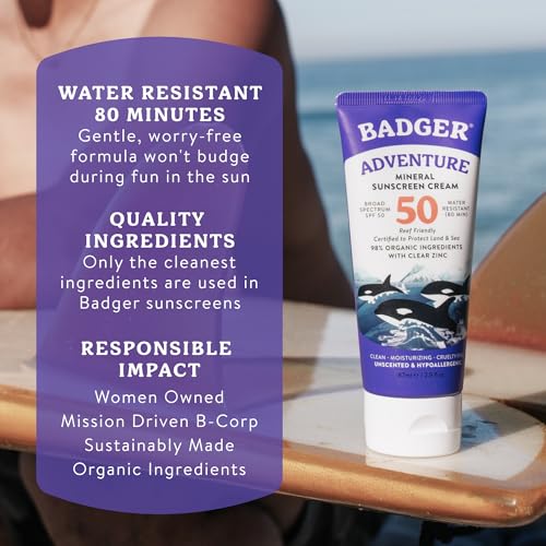 Image of Badger Biodegradable Reef Safe Sunscreen SPF 50, 2.9 oz (3-Pack) | 98% Organic, Unscented, Zinc Oxide, Water Resistant, Adventure & Sport Sunblock, Biodegradable sunscreen