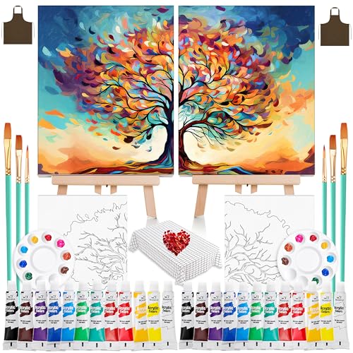 QUANWAISJ 2-Pack 10x12 Couples Painting Kit Date Night Sip and Paint Kit for Adults with Pre-Drawn Canvas (Easels Included) Perfect for Date Night Painting and Sip Parties (Tree of Life)