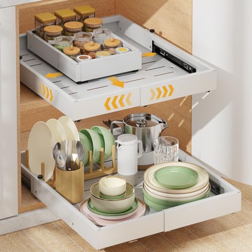 Housolution Lot de 2 Tiroir Coulissant Cuisine, Extensible Tiroir Telescopique, Largeur Réglable de 30 cm à 50 cm, Profondeur de 40 cm à 55 cm, Rangement...