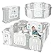 DREAMADE 3 in 1 Recinto per Bambini Pieghevole, Box con 10/14 Pezzi, Barriera con Tavolino e Sgabello Integrati e Staccabili, Pannello da Gioco, Ideale per Casa Asilo in PP Grigio (14 Pannelli)