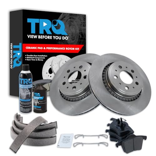 Image of TRQ Rear Brake Pad & Rotor Kit, with Chemical Kit Parking Brake Shoe Set Ceramic Compatible with 2008-2014 Volvo XC90