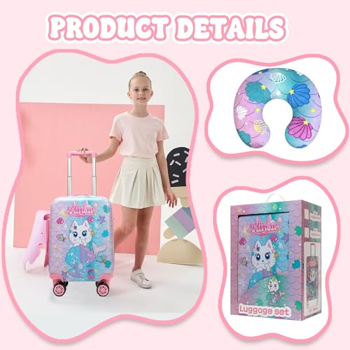 Image of Cute Cat Kid's Luggage Set 2 Piece Suitcase Set 16 inch Hardside Luggage with Spinner Wheels Girls Carry on Toddler Travel Rolling Luggage Airline Approved