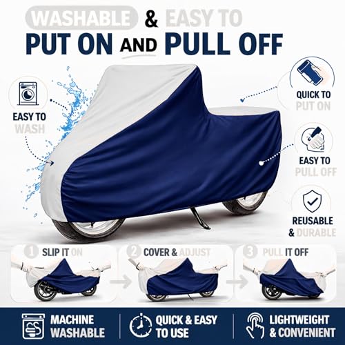 Image of 6X6 Heavy Duty Bike Cover for Hunter 350, Dual Tone White & Blue, All-Weather Protection, Waterproof, UV Resistant, Dustproof, Windproof, Durable Outdoor Motorcycle Body Covers for Daily Use