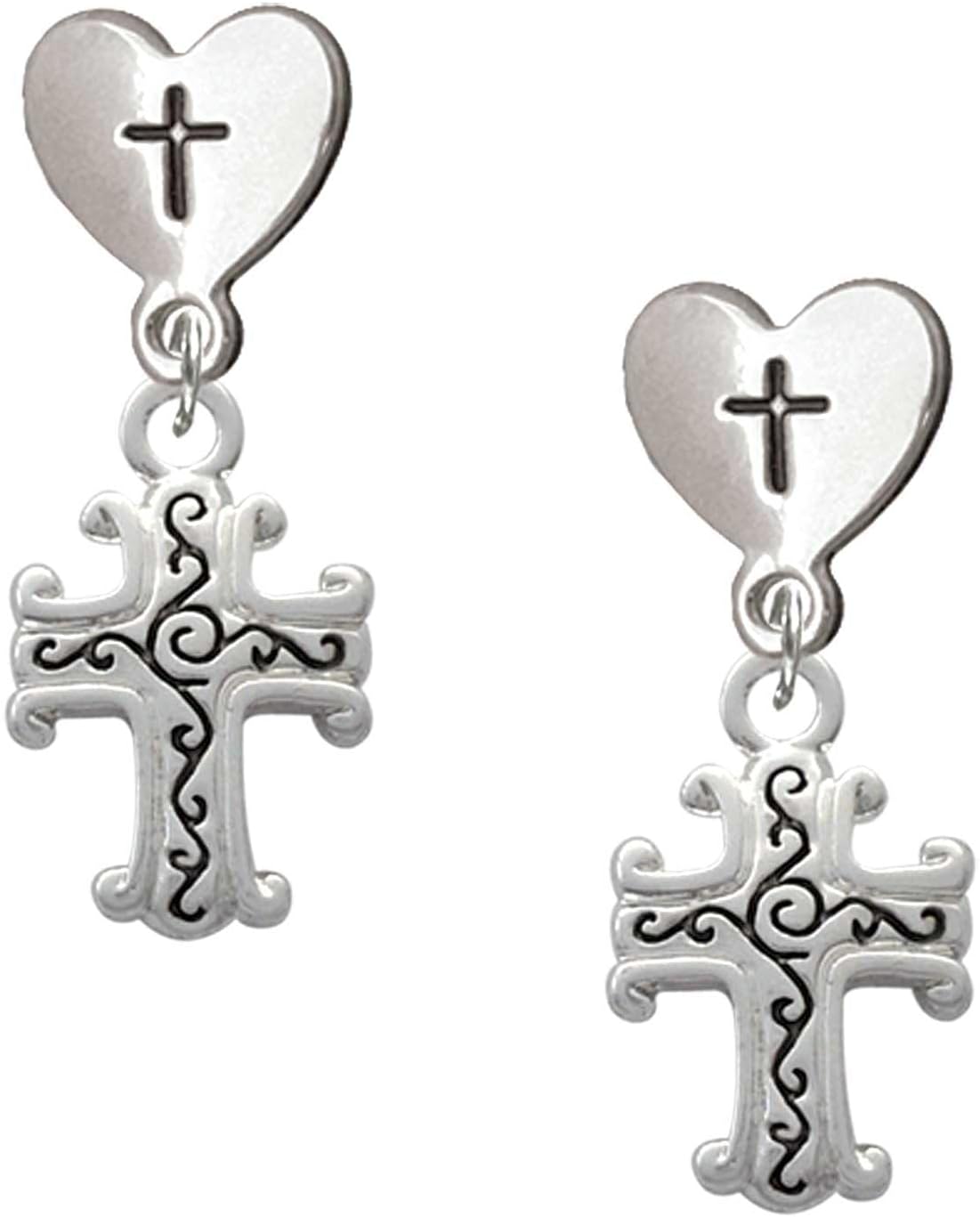 Delight Jewelry Silvertone Scroll Cross with Antiqued Decoration Cross in Heart Post Dangle Earrings