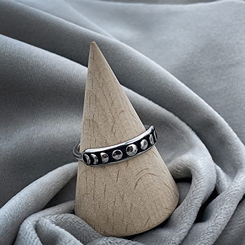 Gothic Black Band Moon Phase Ring Silver Round Shape Minimalist Cute Ring Stainless Steel Finger Rings Gift for Women&Men Size 6-114