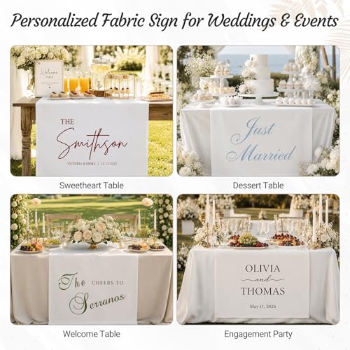 Image of Custom Wedding Table Sign, Personalized Fabric Wedding Banner Table Decor | Mr & Mrs Canvas Sweetheart Table Decor, Wedding Sign for Table, Wedding Welcome Sign, Customized Table Runner with Name