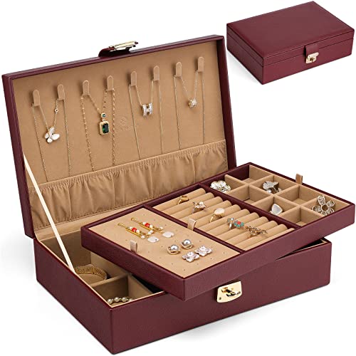 Schmuckkästchen-Schmuckaufbewahrung Vlando Leder Schmuckkasten-Damen, Geschenk für Frauen, Große Schmuckschatulle mit 2 Ebenen, Jewelry Organizer Ketten Aufbewahrung (Red)