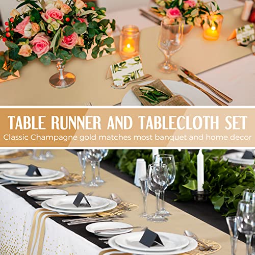 Image of Breling 24 Packs White and Gold Disposable Plastic Tablecloths and Satin Table Runner Set, 54 x 108 Inch Tablecloth, 12 x 108 Inch Table Runners for Wedding Graduation Birthday Baby Shower