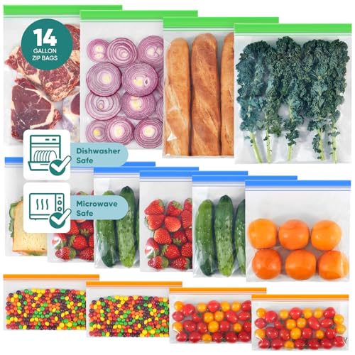 Lerine Paquete de 14 bolsas reutilizables para congelador, aptas para lavavajillas, microondas, silicona y sin BPA, a prueba de fugas, bolsas de almacenamiento de alimentos reutilizables para