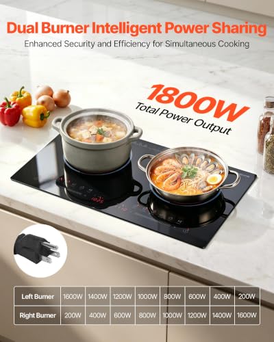 Image of VEVOR Electric Cooktop 24inch 2 Burners Portable Stove Top 1800W 120V, Ceramic Countertop /Built-in Radiant Electric Stove, with 9 Power Levels, Timer, Child Lock, Over-Heat Guard, Touch Control