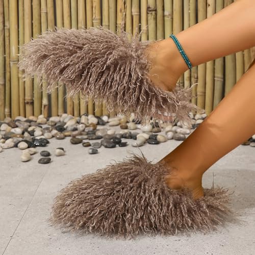 Image of Unisex Fuzzy Faux Fur Slippers, Women's Fluffy Long Hair Sheep Faux Fur Slip on Slides, Girls Luxury Big Fluffy Outdoor Flat Slippers, Long Curly Hair Non-Slip Warm Home Slide Shoes