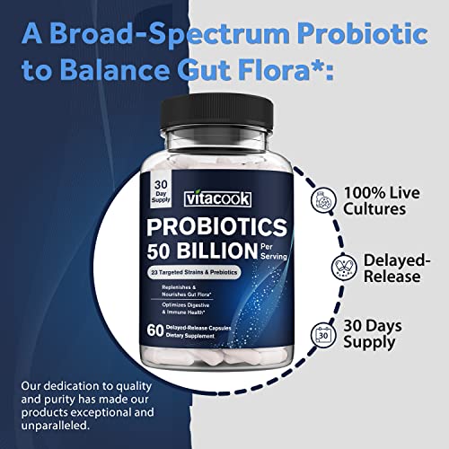 Vitacook Probiotics 50 Billion, 23 Strains With Organic Prebiotics, Digestive & Immune Support, Freeze-Dried, Delayed-Release, Better Than A Dozen Yogurts, 60 Vegan Caps #TOP6