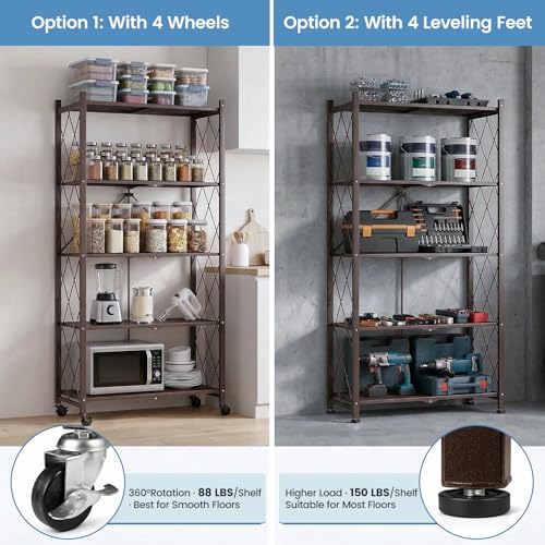 Image of ALANNG 70.7 inch H Metal Storage Shelves, 5 Tier Folding Shelf on Wheels | Heavy Duty, No Assembly, Rolling, Collapsible Rack Unit for Kitchen, Basement, Pantry (Vintage Brown,3 Pack)