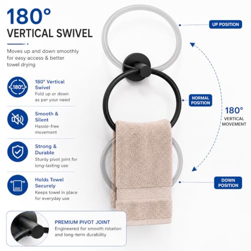 Image of Zollyss Towel Ring for Bathroom | SUS 304 Stainless Steel Hand Towel Holder | Matte Black Wall Mounted Round Towel Hanger | Rust Proof 180 Swivel Wash Basin Towel Ring with Installation Hardware