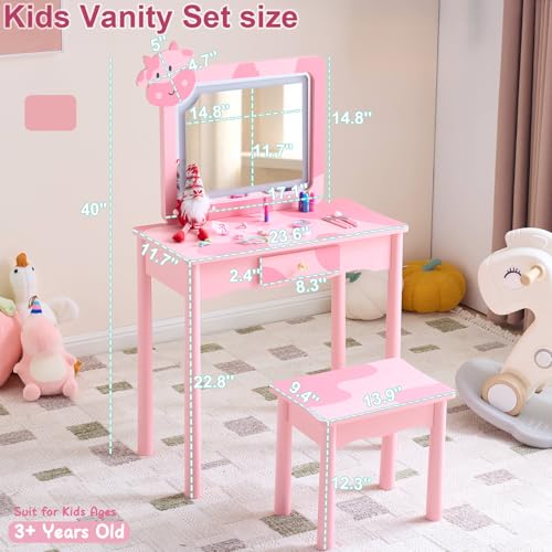 Image of Vanity Set,ShyneeMakeup Dressing Vanity Set Wooden Princess Makeup Table with Cushioned Stool,Drawer,Wooden Legs and Mirror, Make Up Dressing Play Set for Girls (Pink Cow)
