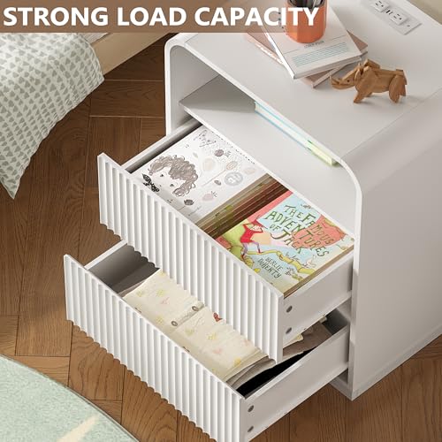 Image of BORNOON Dresser with 2 Drawers and Charging Station, Fluted Bedside Table with Round Curved Corner, Hidden Handles, 2 AC Outlets and 2 USB Ports, Modern Wood End Table with Open Shelf for Bedroom