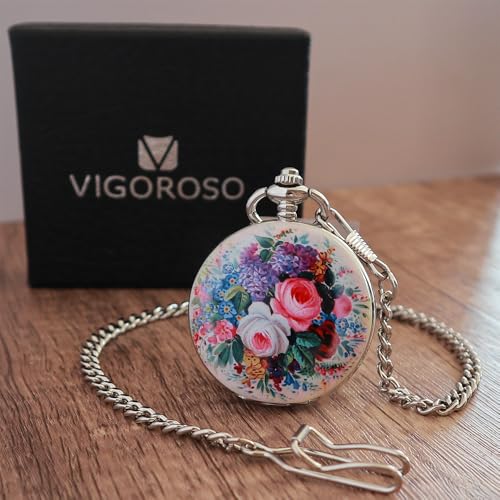 Image of VIGOROSO Vintage Floral Bird Manual Mechanical Pocket Watch for Men & Women - Elegant Wind Up Pocket Watches Skeleton with Chain & Gift Box