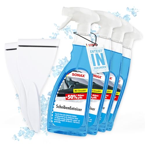 detailmate Auto Scheibenenteiser Set | 4X Sonax Scheiben Enteiser Spray 750ml für Autoscheiben + 2X Eiskratzer | Enteiserspray für klare Sicht
