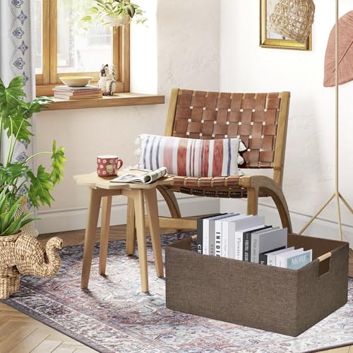 Image of Collapsible Storage Box 16.9 inchx12.5 inchx7 inch with Wooden Handles | Foldable Organizer for Closet, Shelves, Toys & Cosmetics | Durable Linen-Polyester Fabric | Space-Saving Home Organization 2Pack
