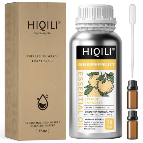 Image of HIQILI Grapefruit Essential Oil for Skin Care, Diffuser & DIY | Large Bottle with Two Travel-Size Vials for Custom Blending and Spa Massage, Refreshing Citrus Scent -500ml / 16 fl oz