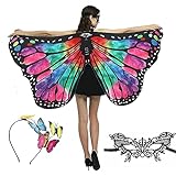 Xerteam Chal de alas de mariposa para mujer y niña, capa de alas de mariposa con máscara de ojos de encaje negro y diadema de mariposa para adultos, disfraces de mariposa, capa de hada, accesorios de
