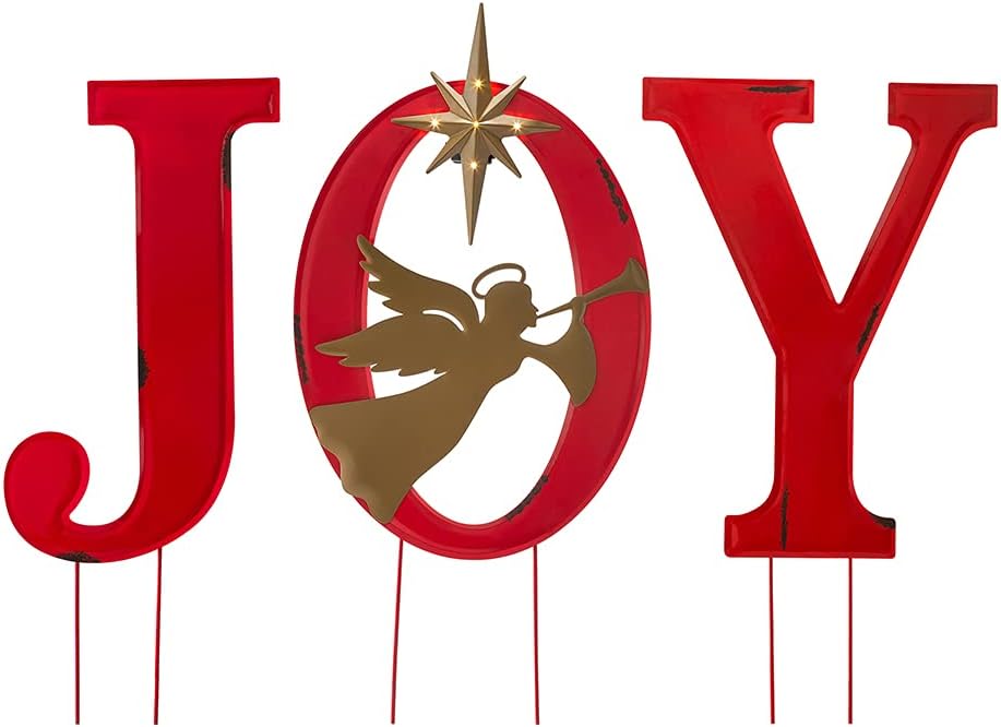 Glitzhome Lighted Joy Angel Garden Stakes, 36.02" H Metal Yard Stake Garden Ornaments Patio Decor Joy Standing Decor or Wall Décor Decorative Sign for Christmas Decorations