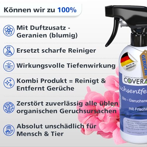 Coverax BIO Geruchsentferner mit angenehmem Duft I Enzymreiniger & Geruchsneutralisierer I Katzenurin, Hundeurin, strenge Gerüche entfernen auf Couch, Auto, Teppich I Geruchsneutralisierer Spray 500ml