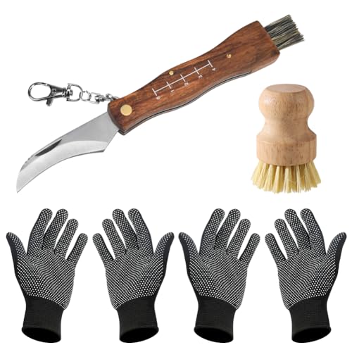 RANJIMA Navaja para Setas y Champiñones, Cuchillo Plegable con Cepillo, Guantes, Micológica, Navaja Cuchillo de Acero Inoxidable para Recoger Setas, Camping