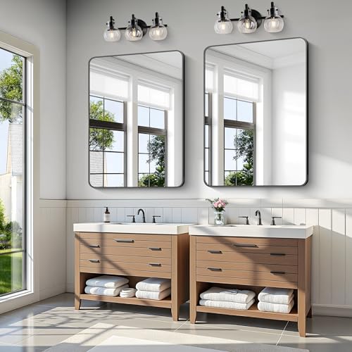 Image of KOCUUY Bathroom Mirror, 36 inchx48 inch Black Rectangle Vanity Mirror, Black Metal Frame Mirror with Rounded Corner for Bathroom, Bedroom, Living Room, Entryway