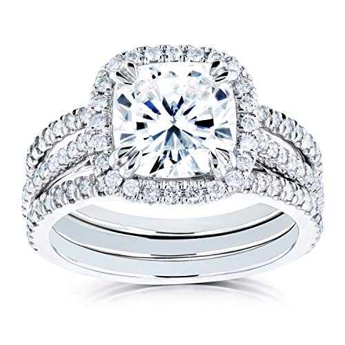 Kobelli Cushion Forever One Moissanite Halo Bridal Rings Set 2 1/2 CTW 14k