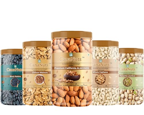 Image of CanaNuts 100% Natural Premium Dry Fruits and Nuts Combo Healthy Cashews, Almonds, Black Raisins, Pistachios, Chilean walnuts Kernel Crunchy, Badam Kaju Pista Akhrot Kishmish | (200Gm X 5) 1KG