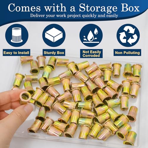 Image of 70Pcs M8 Rivet Nuts, Metric Zinc Plated Finish Carbon Steel Flat Head Threaded Insert Nutsert Kit