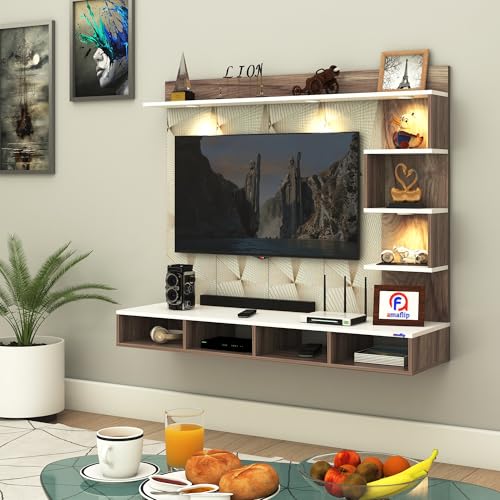Image of amaflip Laura Engineered Wood Wall-Mount TV Unit with Printed PVC Back Panel & LED Lights | TV Cabinet with Storage Box & Decorative Shelves (Coachwood /White) for TVs up to 43 Inch | DIY Installation