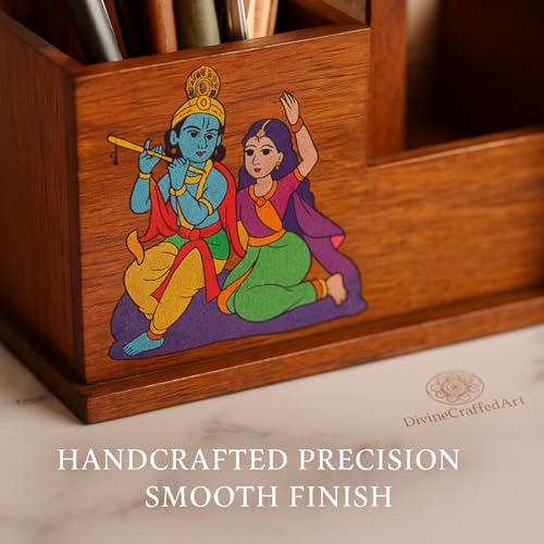 Image of Handcrafted Wooden Pen Holder & Mobile Stand | Desk Organizer for Office, Home & Study Table | Pen Pencil Stand with Card Holder (6.75x3.75x2.5 Inch) (Krishana Radhe Desk)