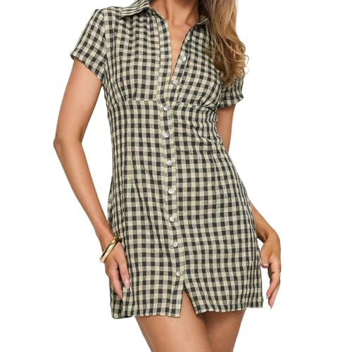 Women Plaid Button Down Shirt Mini Dress Lapel Collar Short Sleeve Slim Fit A-line Casual Summer Short Dresses (Black, M)