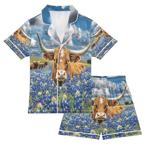 ALAZA Highland Cow Blue Flower Satin Pajamas Set Short Sleeve Button Down Sleepwear Summer Pjs 2 Piece