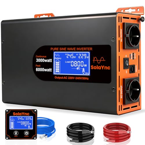 SolaYnc Inverter 3000W/6000W 24V 220/230V Onda Sinusoidale Pura,2 EU Presa,Porta Type-C da 30 W e porta USB, telecomando LCD schermo LCD,Adatto per Elettrodomestici, Camper Campeggio