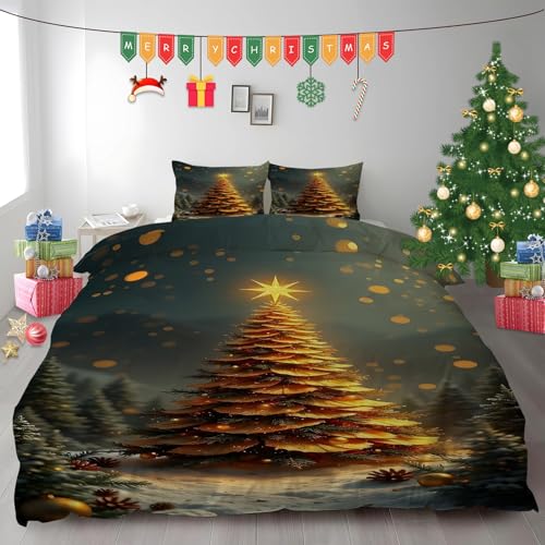布団カバー雪の結晶寝具カバークリスマスツリー掛け布団カバー3点セットマイクロファイバー静電気防止防ダニけ被套軽量丈夫柔ら洗える羽毛布団カバ170x210cm着脱簡単掛duvet cover+枕套2枚43x63cmファスナー開閉
