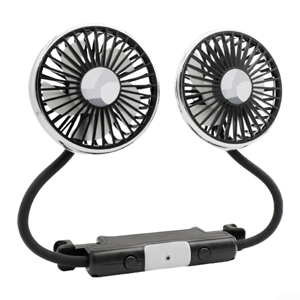 Ventilador de coche de doble cabeza, 3 velocidades alimentadas por USB, rotación de 360 °, iluminación ajustable para refrigeración por aire del asiento trasero en el vehículo