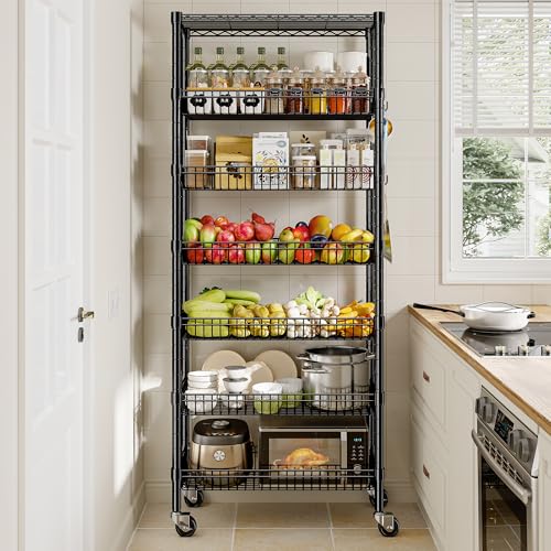 Image of DurayLoly 7-Tier Wire Shelving Unit with Basket Shelf & Locking Wheels, Storage Shelves with Hooks for Space-Saving Kitchen Pantry Bathroom Closet Organizer, 72 inch H x 30 inch W x 14 inch D, Black