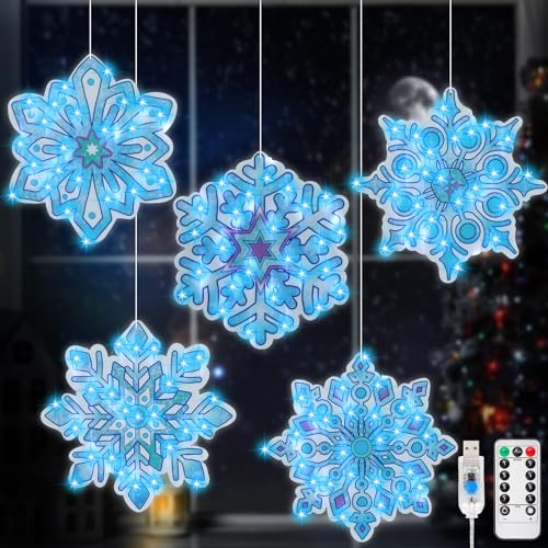 Baquler 5 Pcs 12'' Lighted Snowflake Window Decorations Winter Window Silhouette Lights 8 Modes USB Powered with Remote Timer Light up Holiday Display Ornaments for Winter Indoor Outdoor Decor