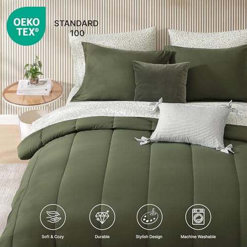 Monbix Full Comforter Set - 7 Pieces Olive Green Bed in a Bag Full Size Track Stitching Bedding Sets, All Seasons Comforter with Sheets, Pillowcases & Shams — view 4