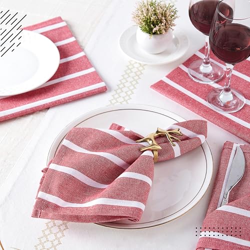 Image of Encasa XO Dining Table Napkins Set of 6, 50x50 cm | Machine Washable Reusable, Recycled Cotton Cloth Napkin, Soft & Absorbent, Table Decor for Hotels, Farmhouse - White & Roma Red Stripes