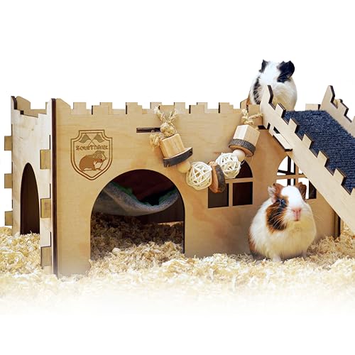 SoulThink Escondite y casa grande de cobayas - Castillo de madera fácil de montar con hamaca, rampa y accesorios de juguetes, adecuado para hámsters y chinchilla