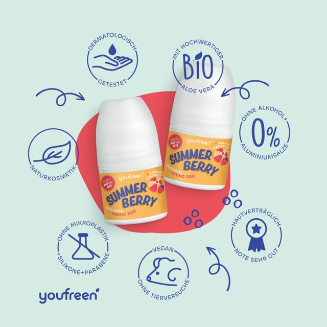 youfreen Happy-Routine-Set: Duschgel (2x200ml) und Deodorant (2x50ml) für Kinder & Teens/Deo für Kinder/Bio-Aloe-Vera/Deoroller (summer berry)