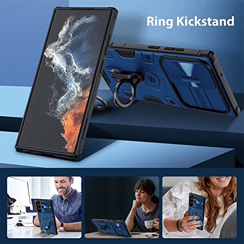 Image of Wefor Armor for Samsung Galaxy S23 Ultra Case with Kickstand & Camera Lens Cover, Shockproof Hard PC Back and Soft Silicone Bumper Hybrid Protective Cover for Galaxy S23 Ultra (Blue)